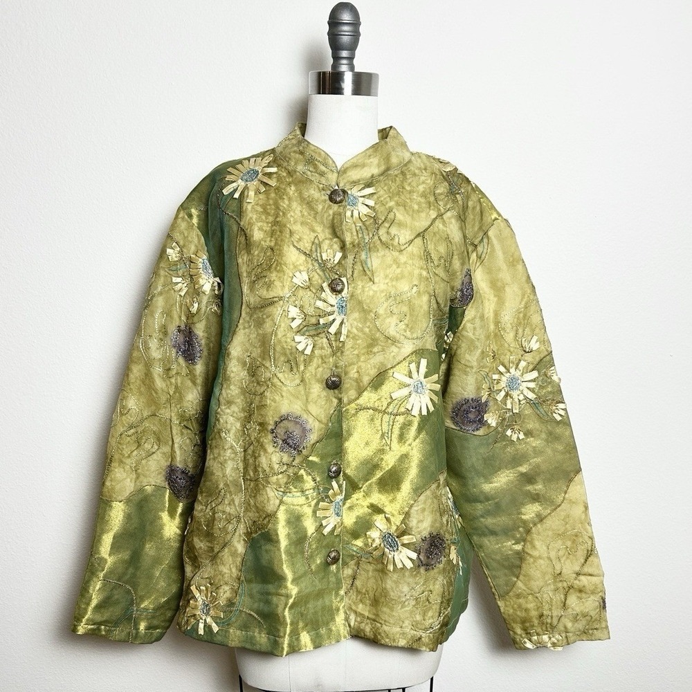 Vintage Travel Collection Olive Green‎ Silk Blend Floral Embroidered Jacket XL